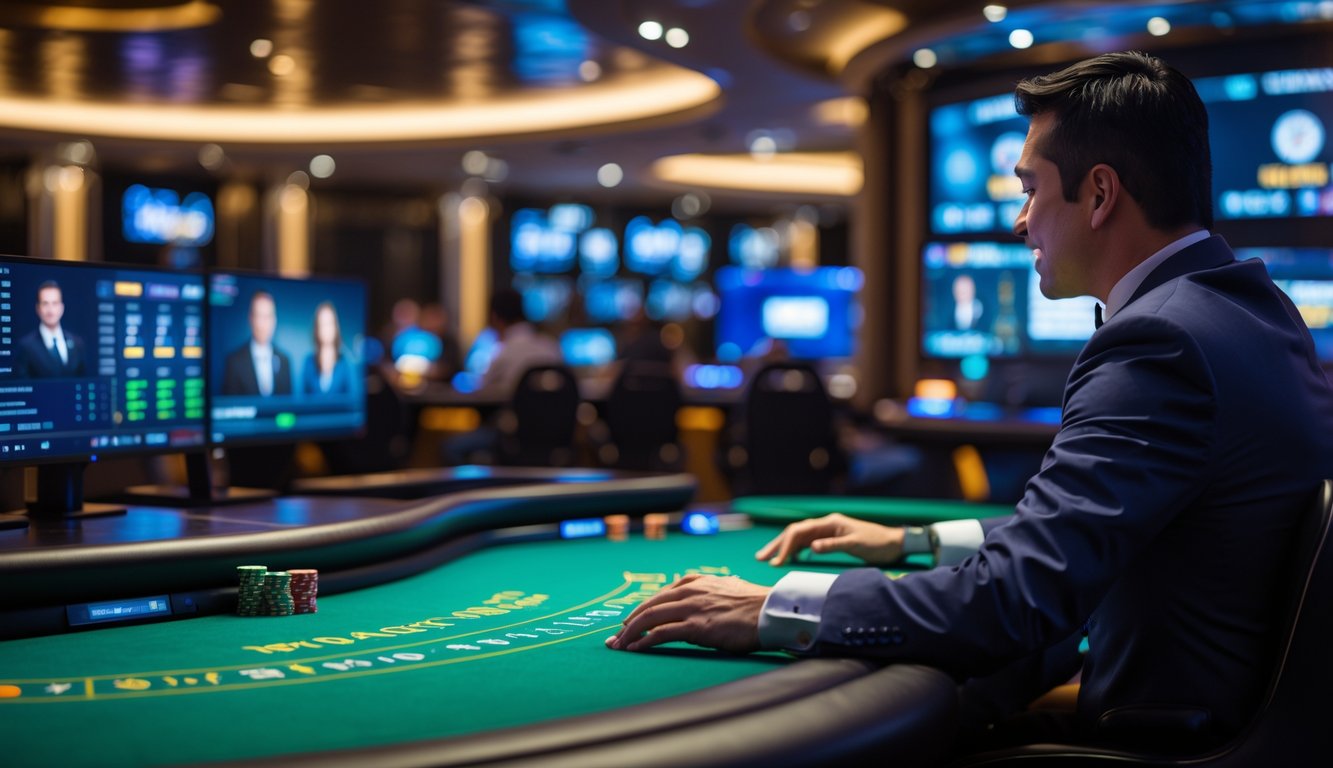 Meja kasino langsung online dengan dealer nyata dan layar digital di latar belakang.