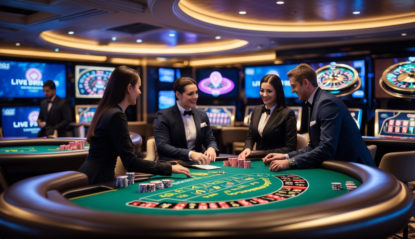 Seorang dealer kasino langsung berinteraksi dengan pemain di meja permainan digital dalam suasana kasino modern yang mewah dan terang.