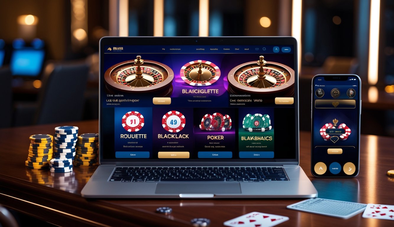 Layar laptop dan ponsel menampilkan permainan kasino langsung dengan dealer di meja kasino, di atas meja kayu dengan chip dan kartu di sekitarnya.