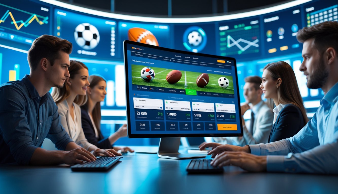 Orang-orang muda menggunakan komputer dengan tampilan taruhan olahraga online di layar besar di ruang kerja modern.