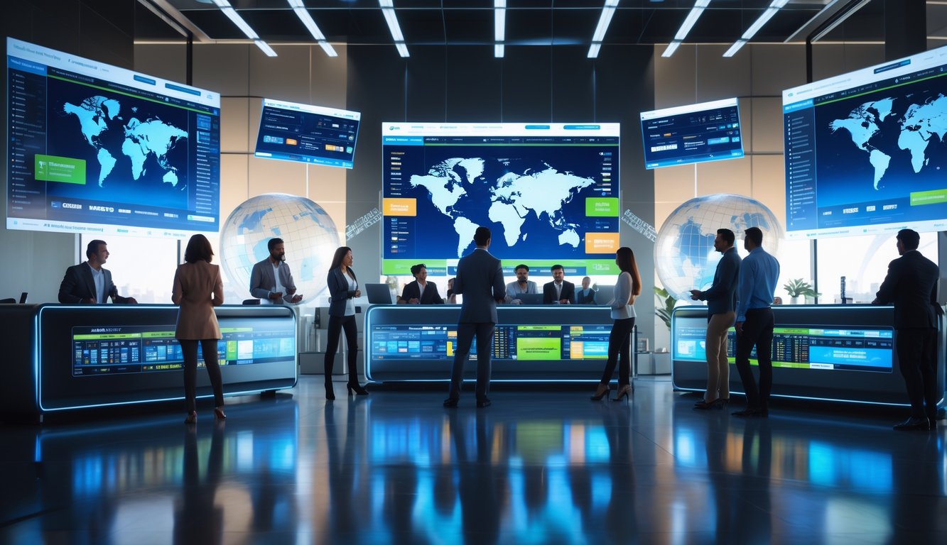 Beberapa orang menggunakan layar besar untuk mengikuti pertandingan olahraga global secara online dalam ruangan modern.