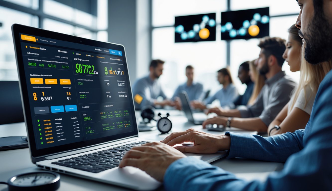 Orang-orang sedang melihat data pertandingan olahraga secara langsung di layar komputer dalam ruangan kantor modern.