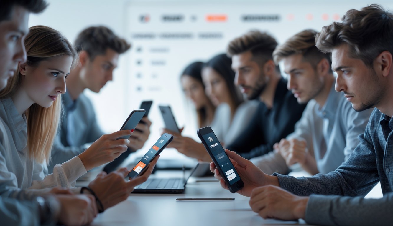 Sekelompok orang muda menggunakan perangkat digital untuk mengakses platform taruhan online dengan antarmuka yang sederhana dan cepat.