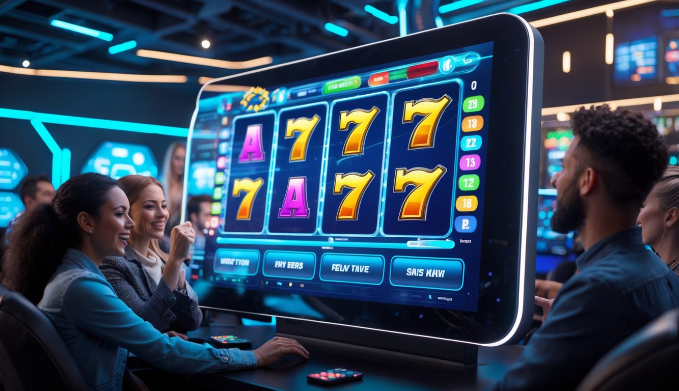 Beberapa orang bermain mesin slot online dengan antarmuka digital modern di sebuah ruang permainan futuristik.
