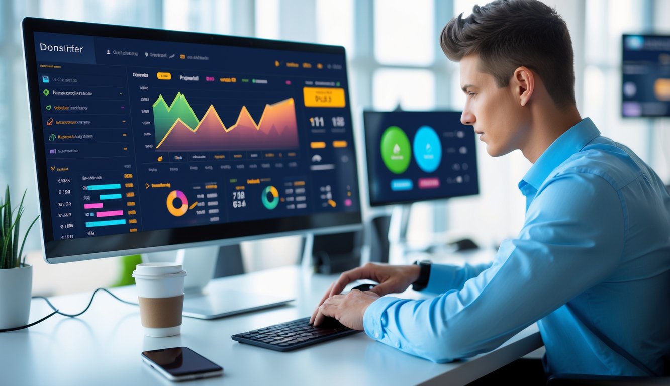 Seorang pria muda menggunakan komputer dengan tampilan platform online yang stabil dan performa tinggi di kantor modern.