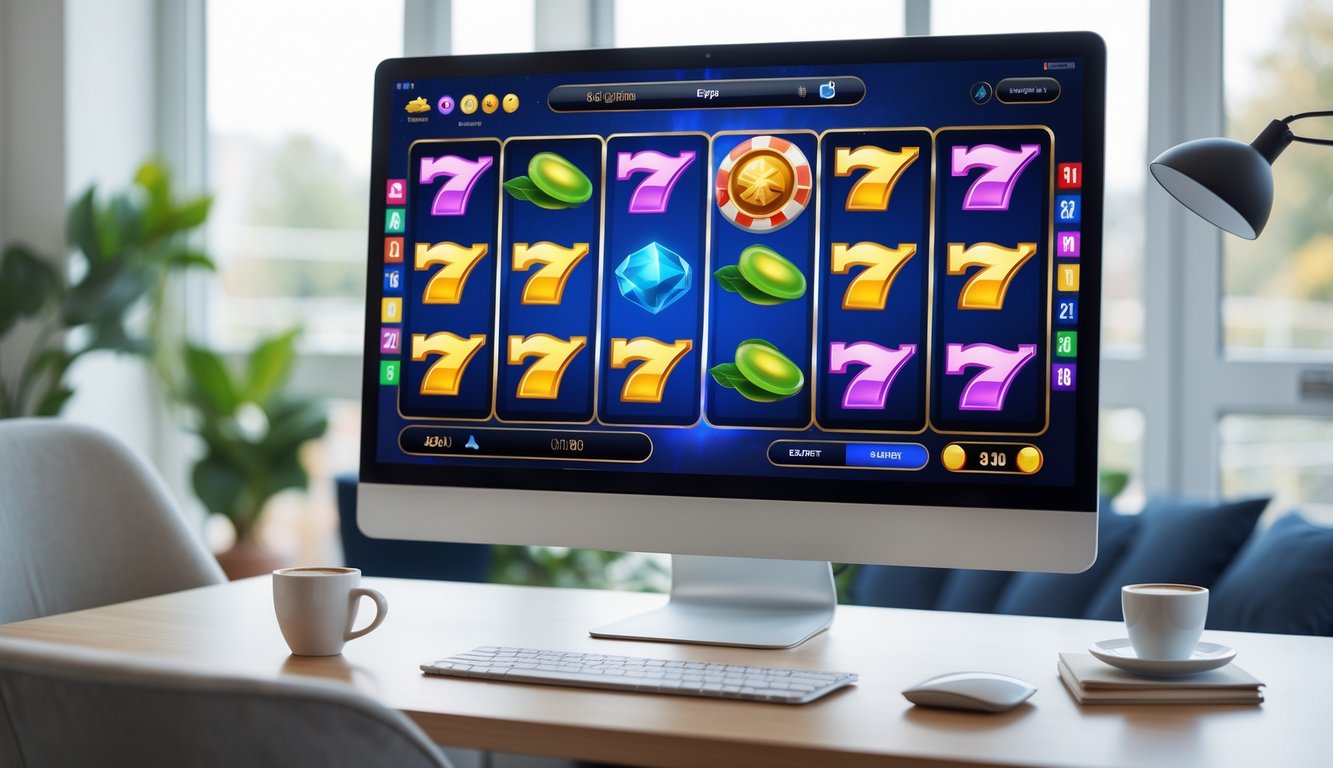Layar komputer menampilkan permainan slot online dengan grafis warna-warni di ruang kerja yang nyaman dan terang.
