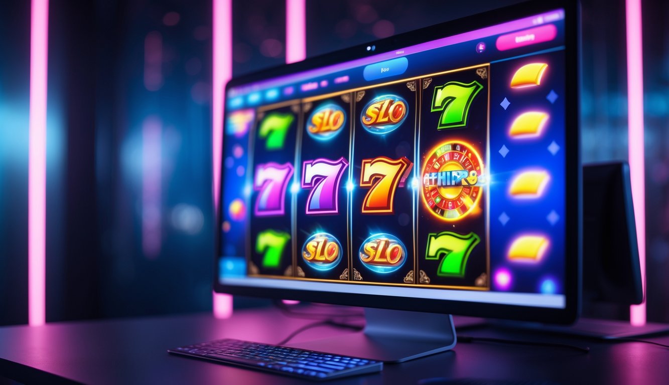 Layar komputer menampilkan permainan slot online dengan grafik warna-warni dan efek cahaya yang menarik.