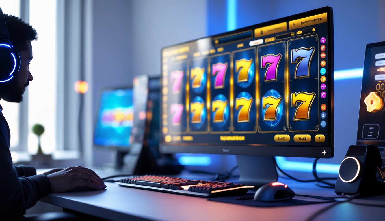 Sebuah meja kerja dengan komputer menampilkan permainan slot online yang cerah dan menarik, dilengkapi dengan aksesori gaming di sekitarnya.