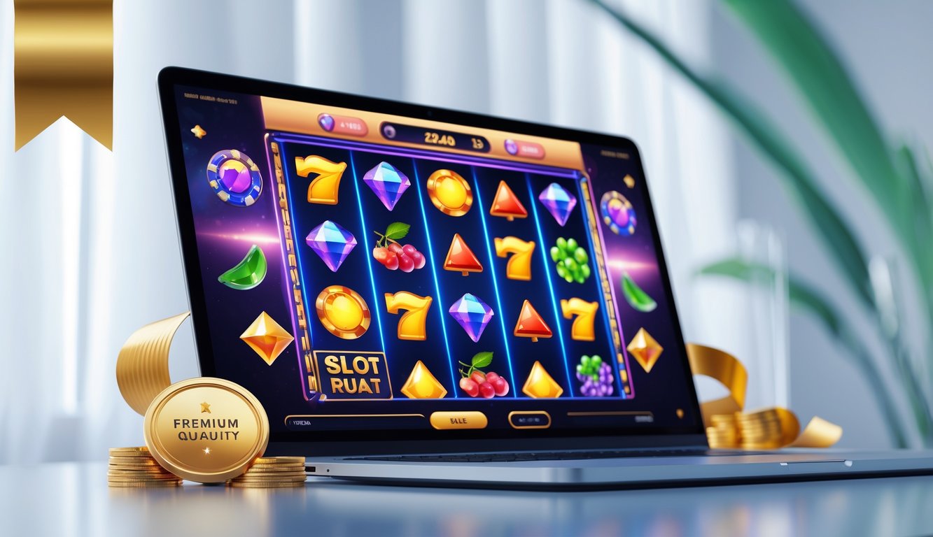 Layar komputer menampilkan permainan slot online dengan simbol warna-warni dan latar belakang minimalis.
