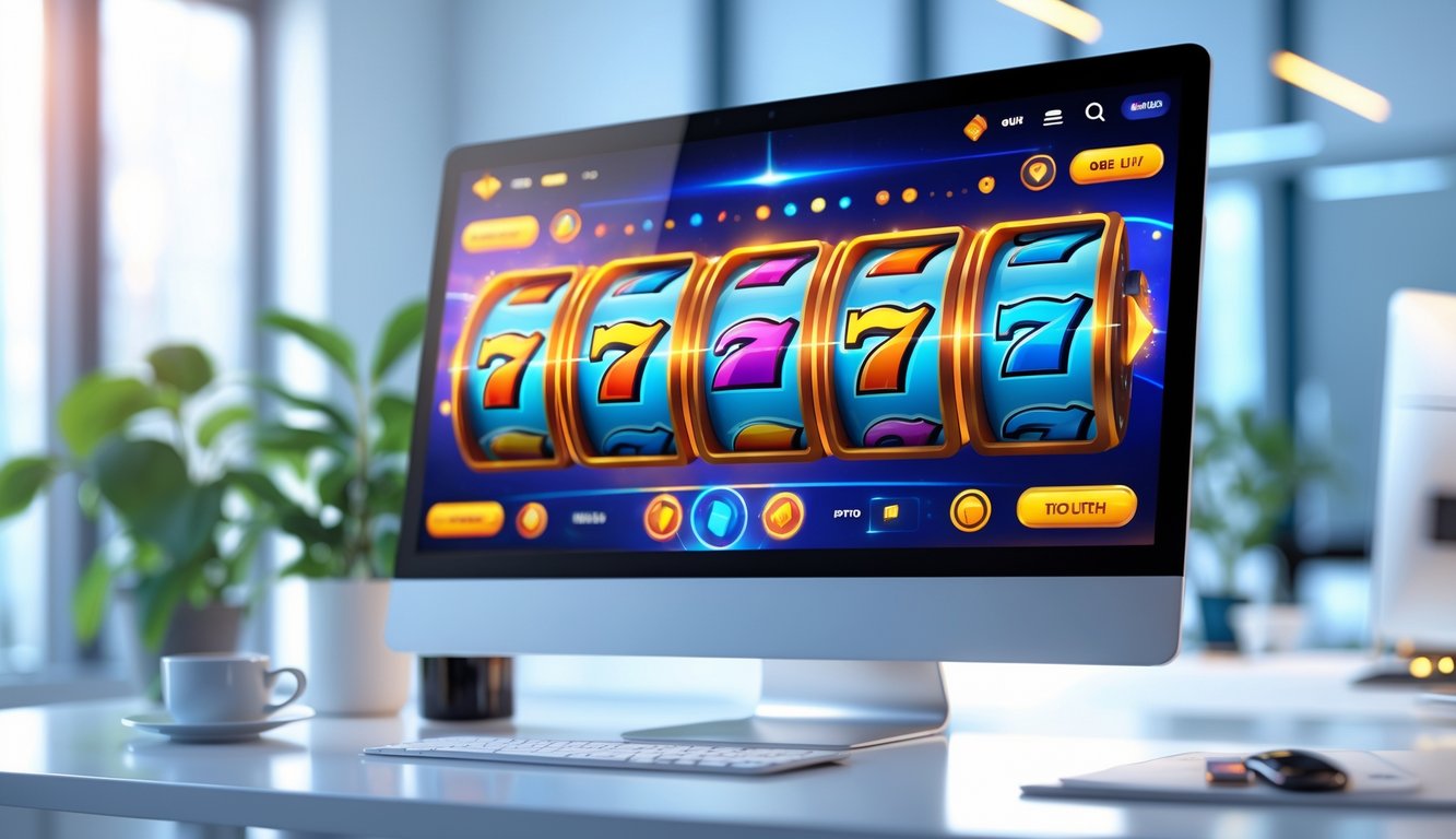 Tampilan layar komputer dengan mesin slot online modern dan fitur interaktif di ruang kerja yang terang dan minimalis.