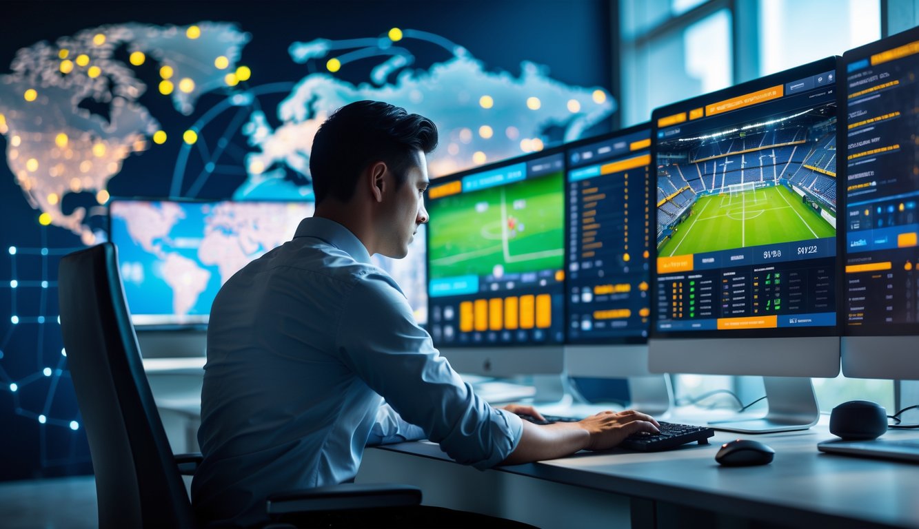 Seorang pria duduk di depan beberapa layar komputer yang menampilkan pertandingan olahraga internasional secara langsung di ruang kerja modern.