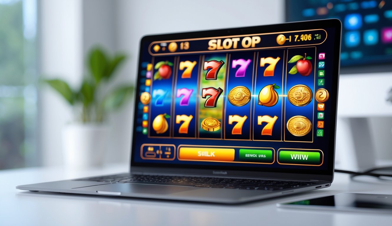 Sebuah komputer modern menampilkan permainan slot online berwarna-warni dengan latar ruang kerja yang terang dan bersih.
