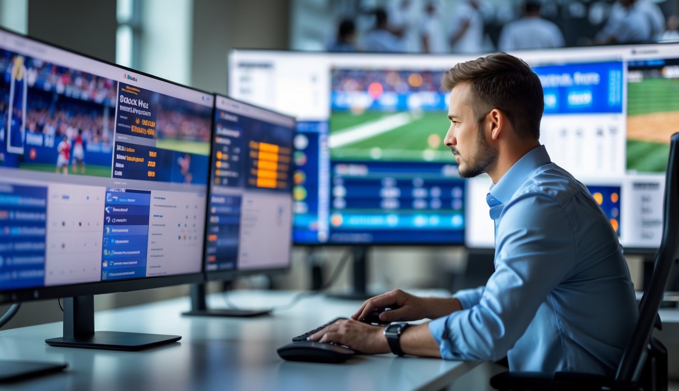 Seorang individu sedang memantau beberapa layar komputer yang menampilkan acara olahraga secara langsung di ruang kerja modern.
