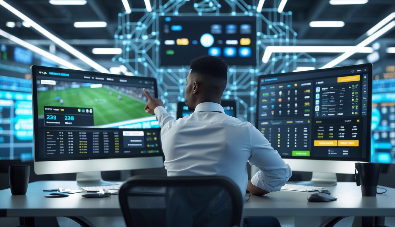 Seorang individu di depan beberapa monitor komputer yang menampilkan pertandingan olahraga langsung dan skor waktu nyata dalam lingkungan kerja modern.