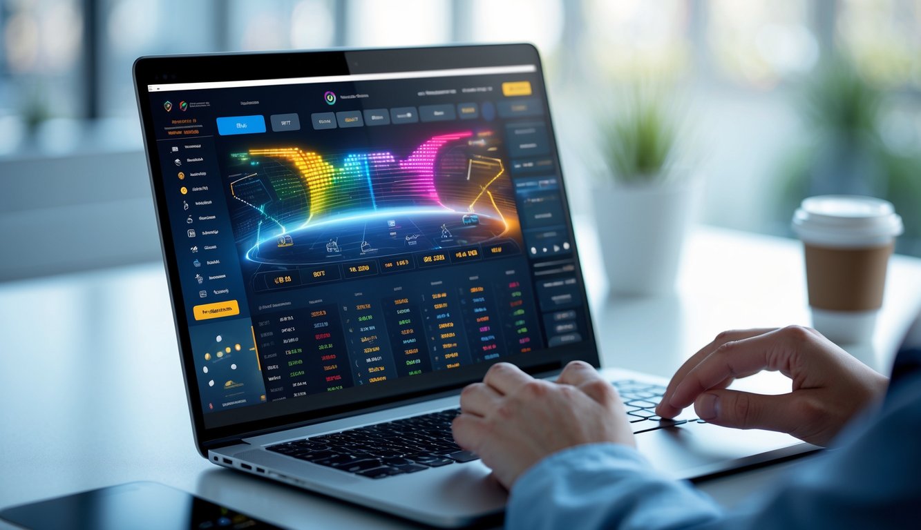 Seorang pengguna berinteraksi dengan laptop yang menampilkan skor langsung adaptif untuk taruhan olahraga online.