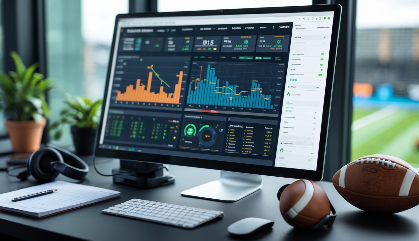 Suasana ruang kerja modern dengan komputer menampilkan statistik dan analisis pertandingan sepak bola, dikelilingi bola sepak bola dan alat kerja lainnya.