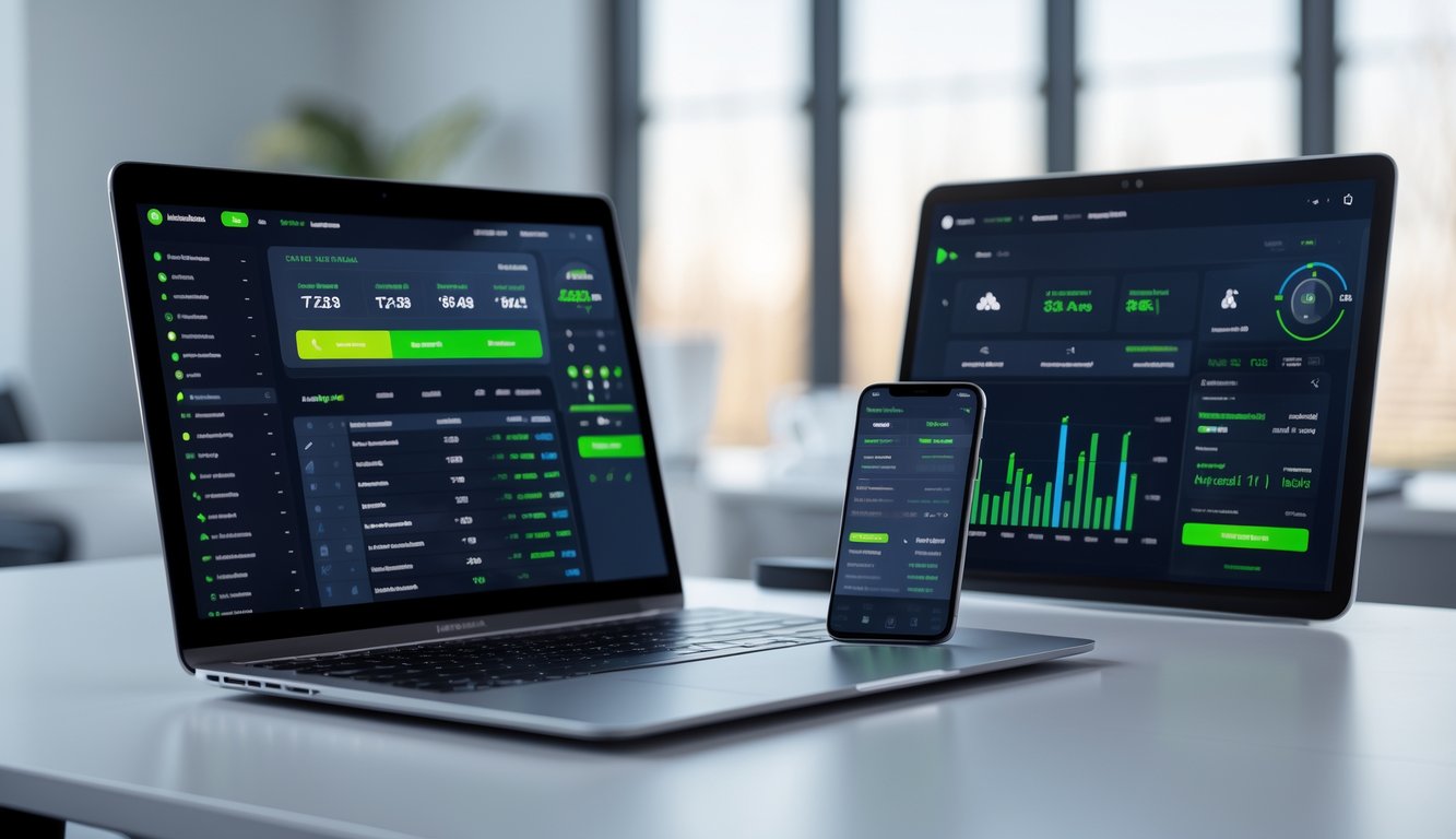 Layar laptop dan ponsel menampilkan antarmuka platform taruhan online modern dengan navigasi cepat di meja minimalis.