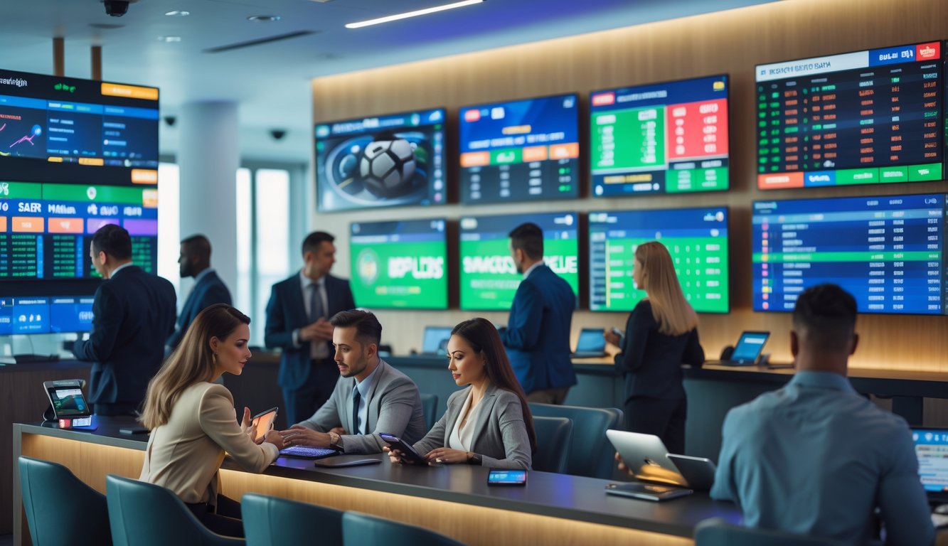 Orang-orang yang fokus menggunakan perangkat digital untuk taruhan olahraga di ruang modern dengan layar besar menampilkan pertandingan olahraga.