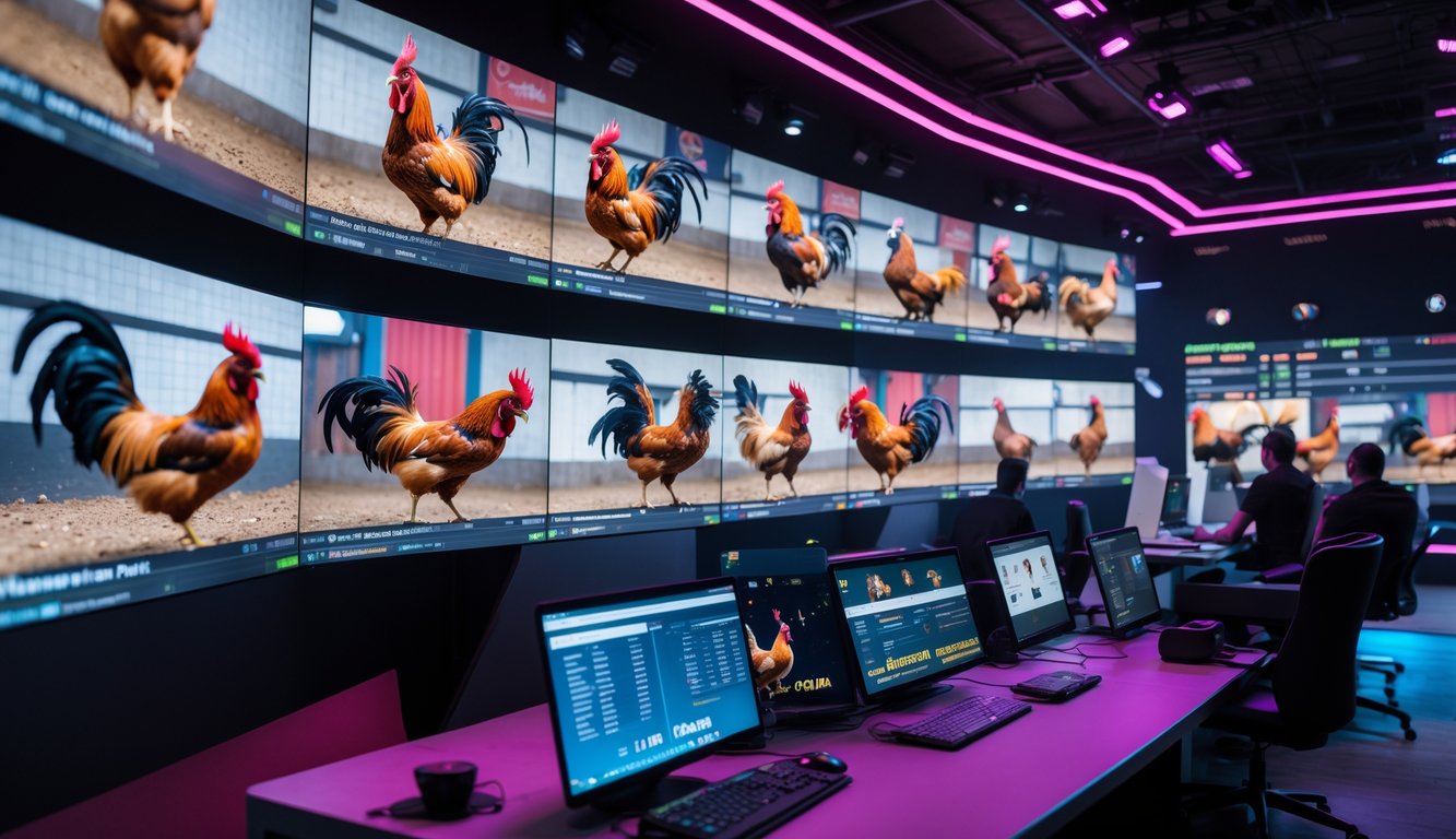 Suasana arena sabung ayam online dengan beberapa layar menampilkan pertarungan ayam secara langsung dan orang-orang yang memantau pertandingan menggunakan komputer.