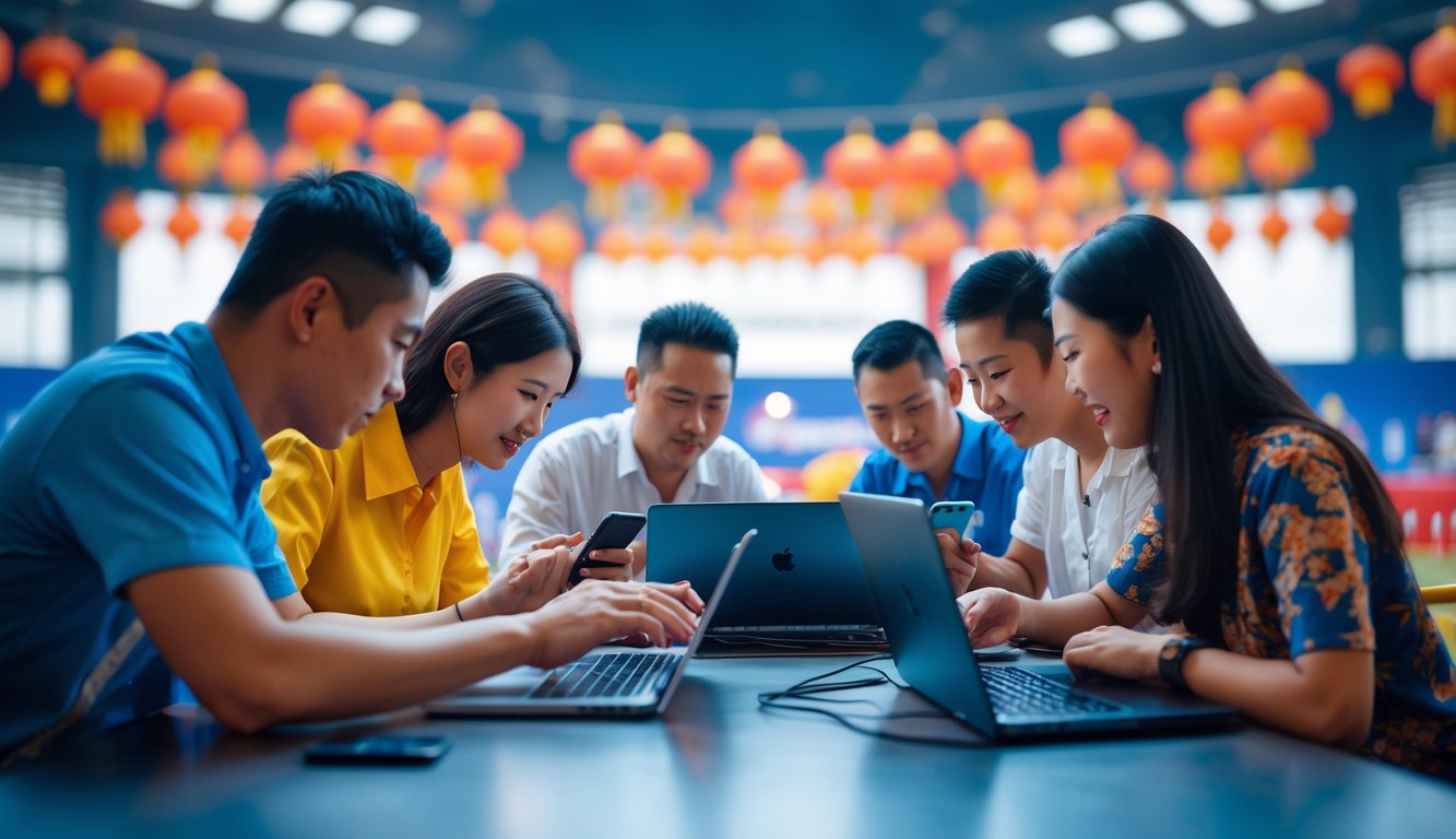 Beberapa orang berkumpul menggunakan ponsel dan laptop untuk mengikuti pertandingan adu ayam secara online.