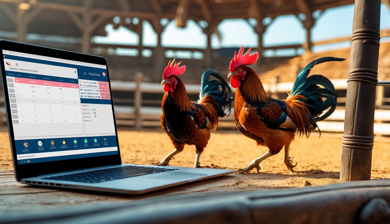Dua ayam jantan sedang bertarung di arena kayu dengan laptop dan layar digital menampilkan jadwal siaran langsung di latar belakang.
