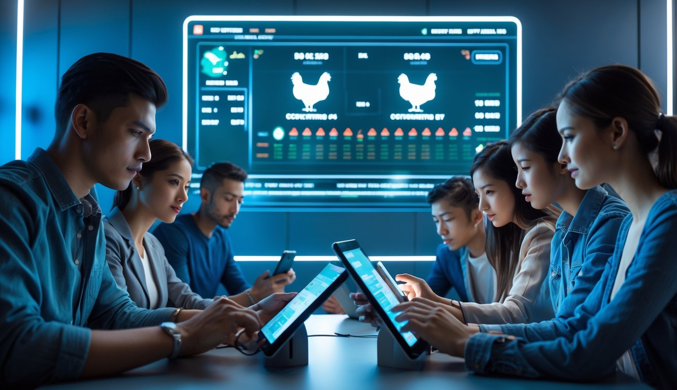 Beberapa orang muda menggunakan perangkat digital untuk mengikuti pertandingan sabung ayam secara online di ruangan modern.