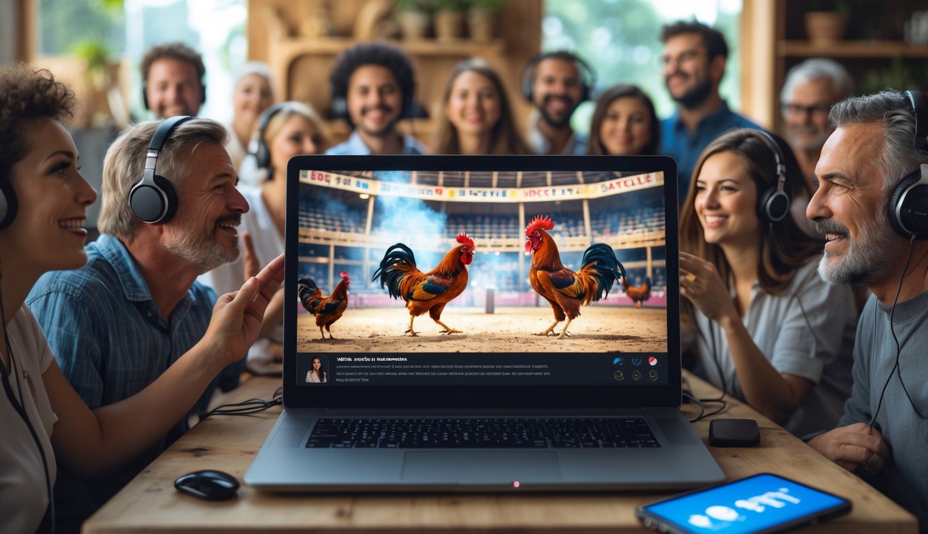 Beberapa orang menonton siaran langsung sabung ayam online di layar komputer di sebuah ruangan yang nyaman.