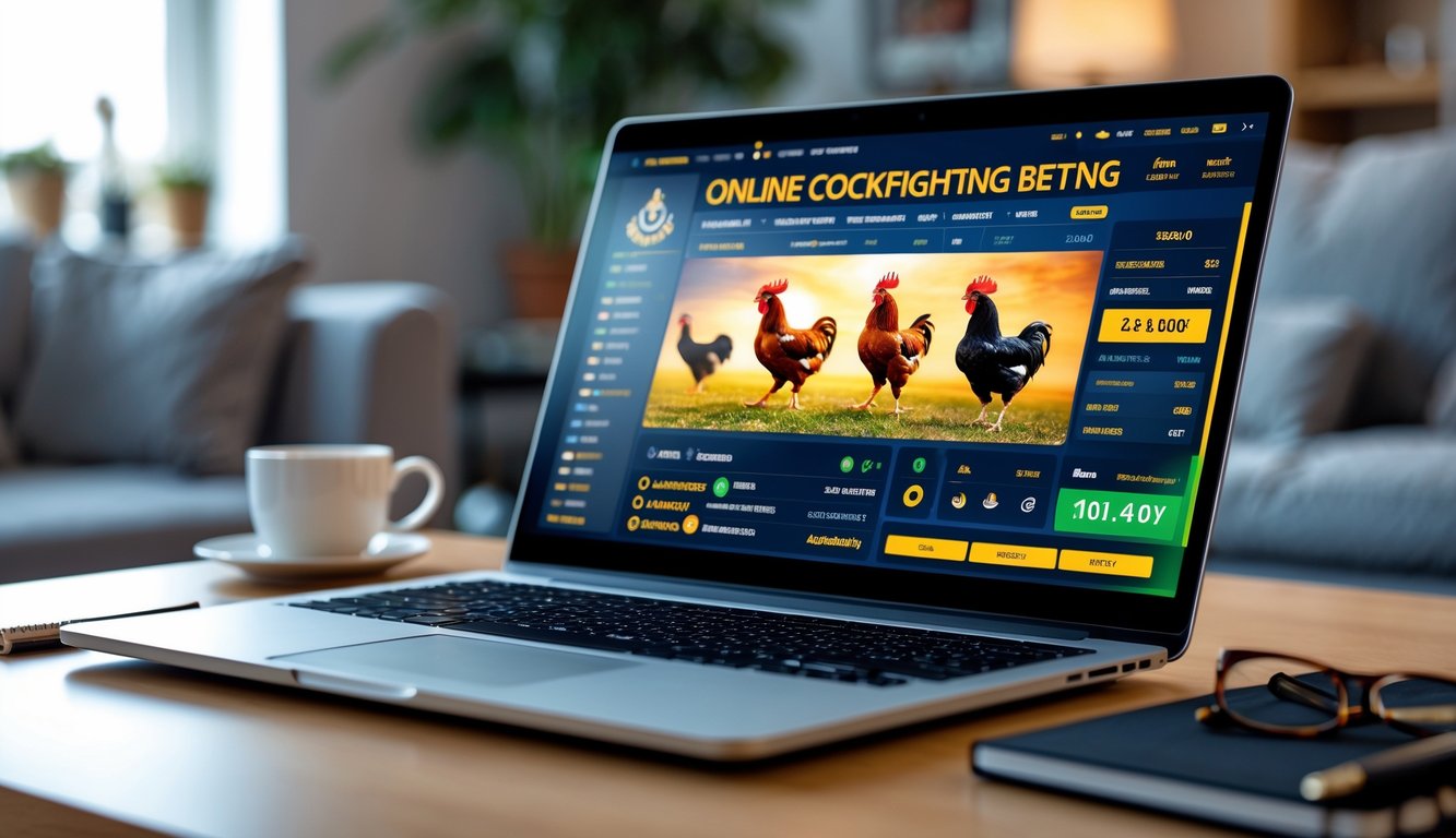 Seseorang menggunakan laptop atau ponsel untuk mengakses platform sabung ayam online di dalam ruangan yang nyaman.