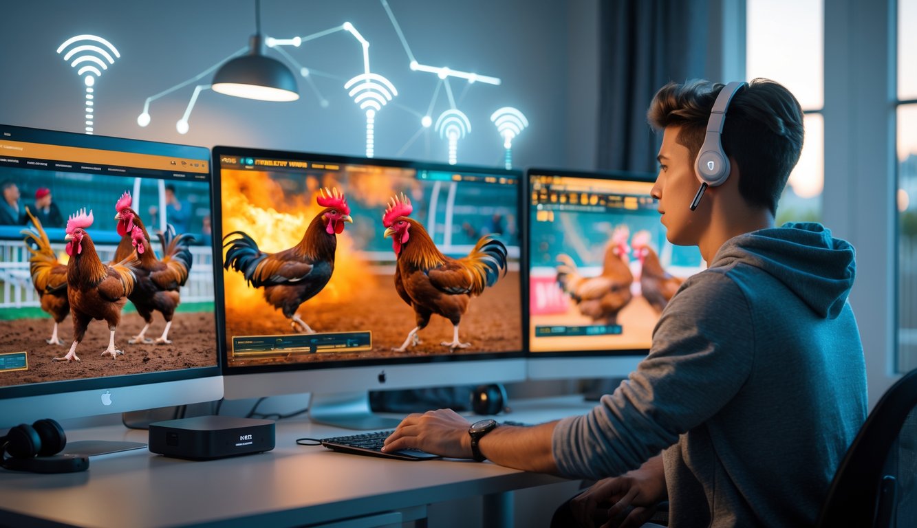 Seorang pria muda di ruang kerja modern menonton dan mengontrol pertandingan sabung ayam secara online menggunakan komputer dengan teknologi streaming terbaru.