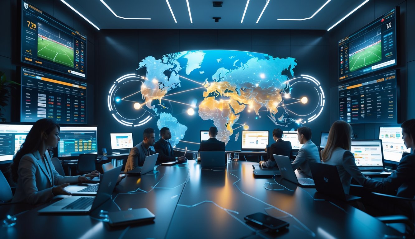 Orang-orang bekerja dengan perangkat digital menampilkan pertandingan olahraga global dan peta dunia yang menunjukkan cakupan internasional.