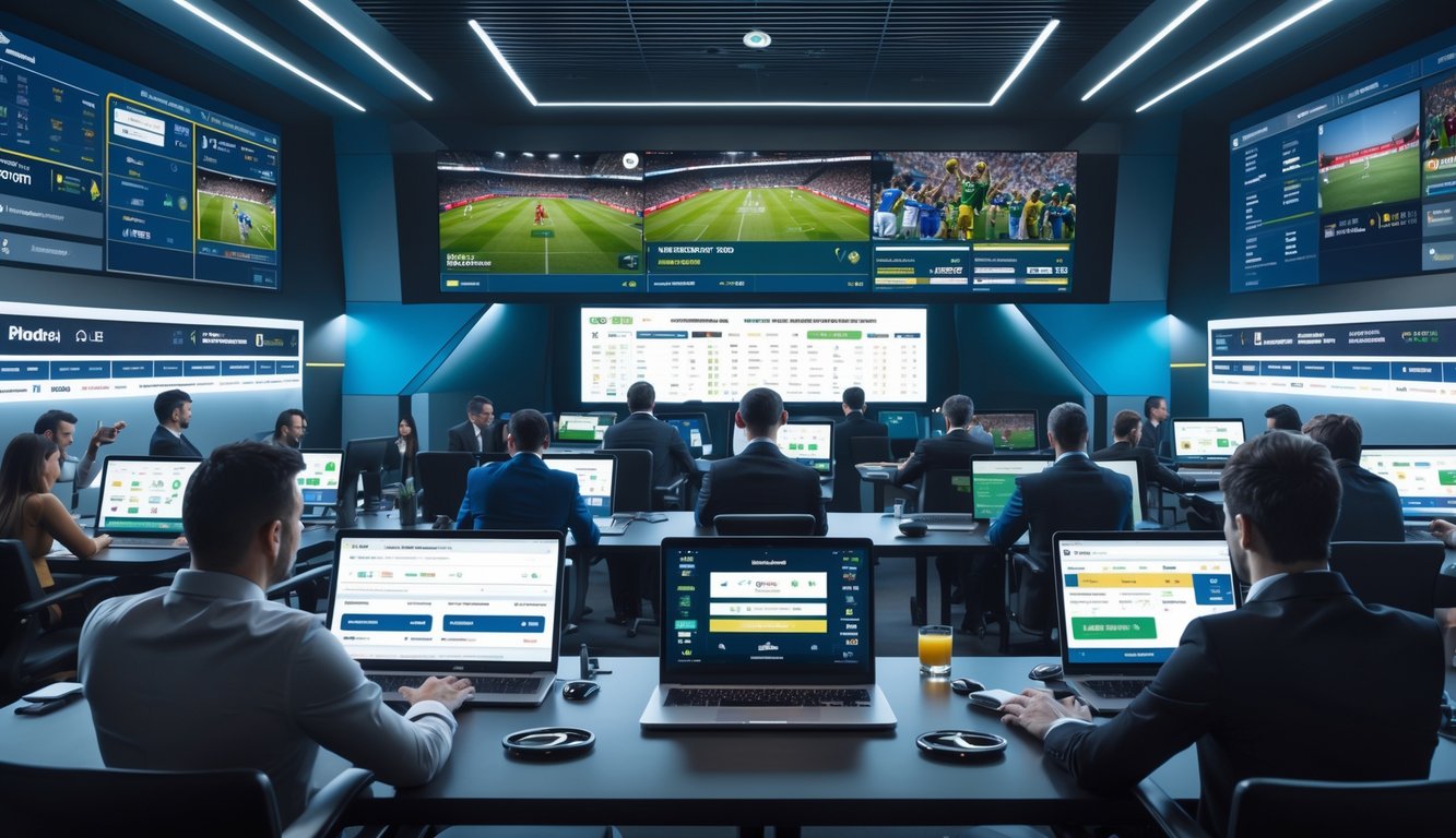 Orang-orang menggunakan perangkat digital untuk mengikuti acara olahraga dan taruhan secara online di ruangan modern dengan layar besar menampilkan pertandingan olahraga.