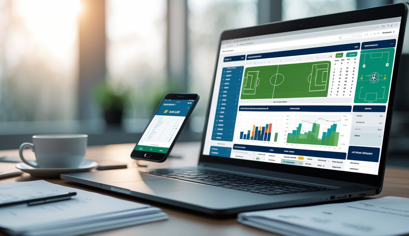 Seorang pria duduk di meja kerja dengan laptop yang menampilkan statistik dan diagram taktis pertandingan sepak bola, dikelilingi oleh catatan dan ponsel, suasana fokus dan profesional.