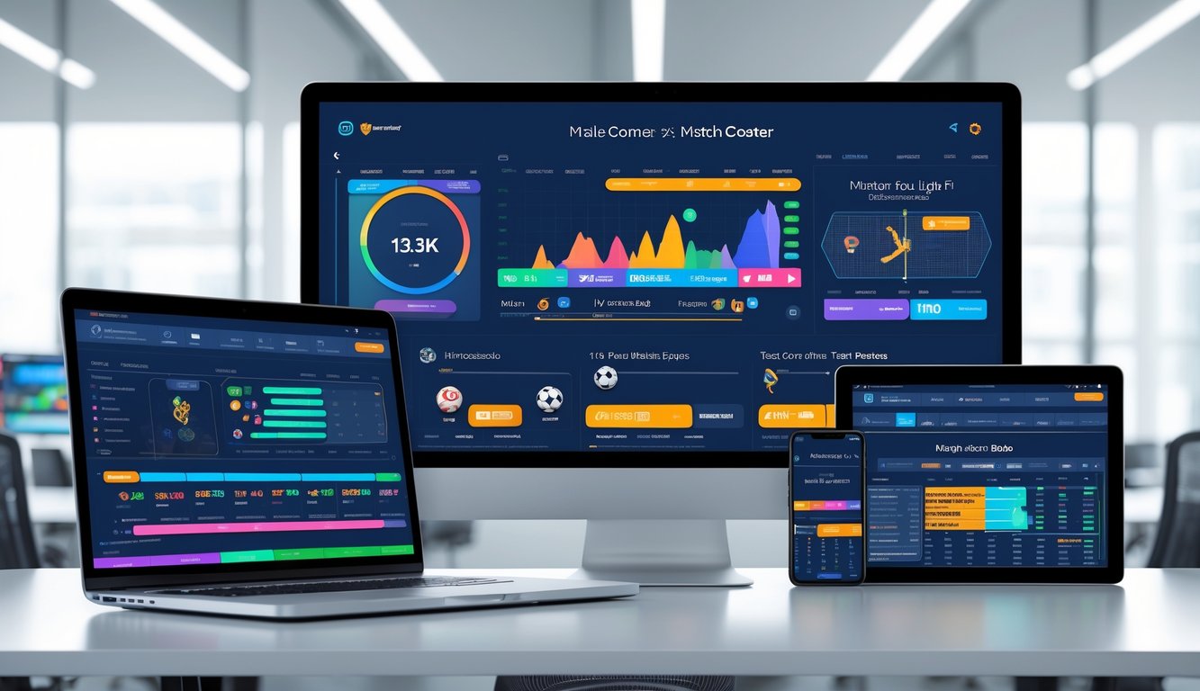 Tampilan antarmuka pusat pertandingan olahraga online modern di beberapa perangkat digital dalam lingkungan kantor yang terang.