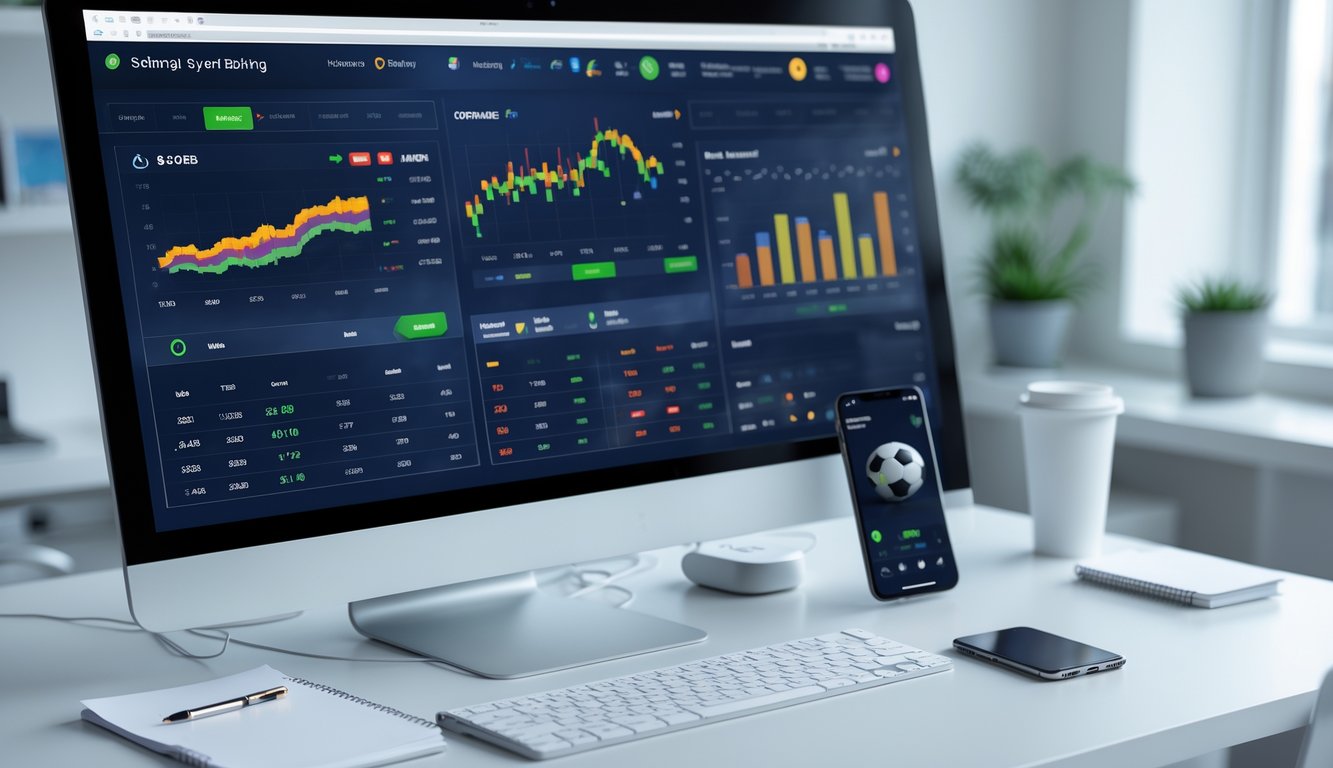 Sebuah meja kerja dengan komputer dan ponsel yang menampilkan pembaruan skor pertandingan olahraga secara langsung.