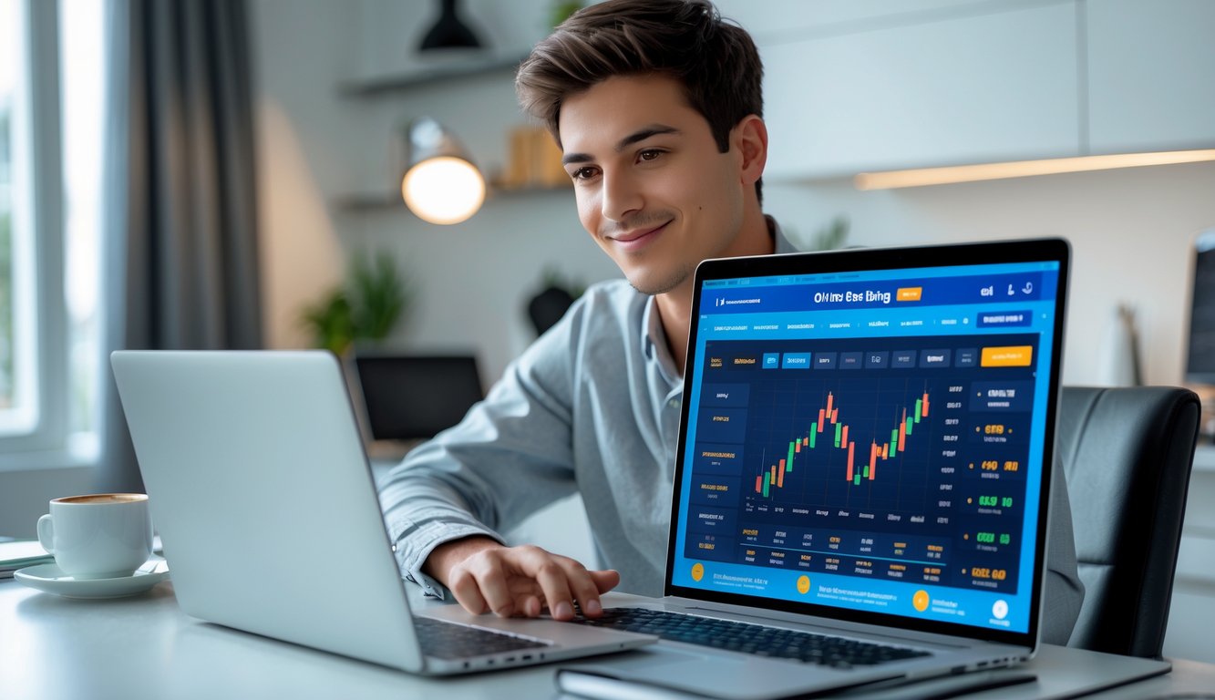 Seorang pria muda menggunakan laptop di ruang kerja rumah yang rapi dengan layar menampilkan platform taruhan online yang kompleks dan stabil.