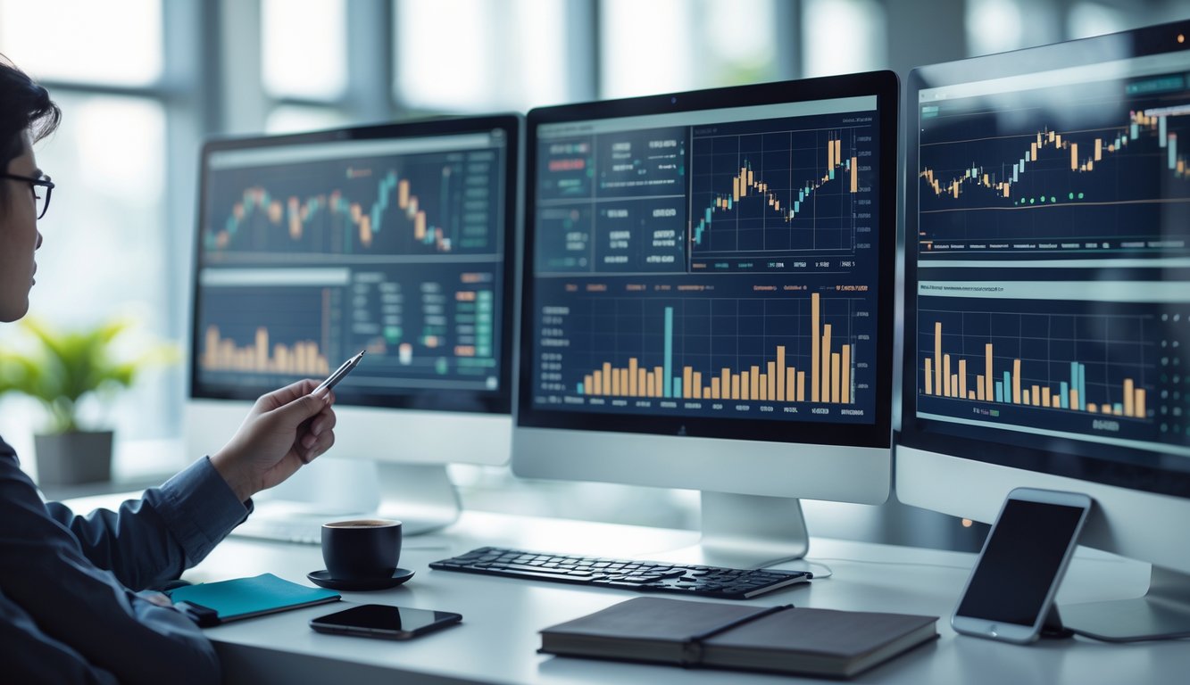 Seorang profesional sedang menganalisis data pasar harian di depan beberapa layar komputer di ruang kantor yang terang dan teratur.