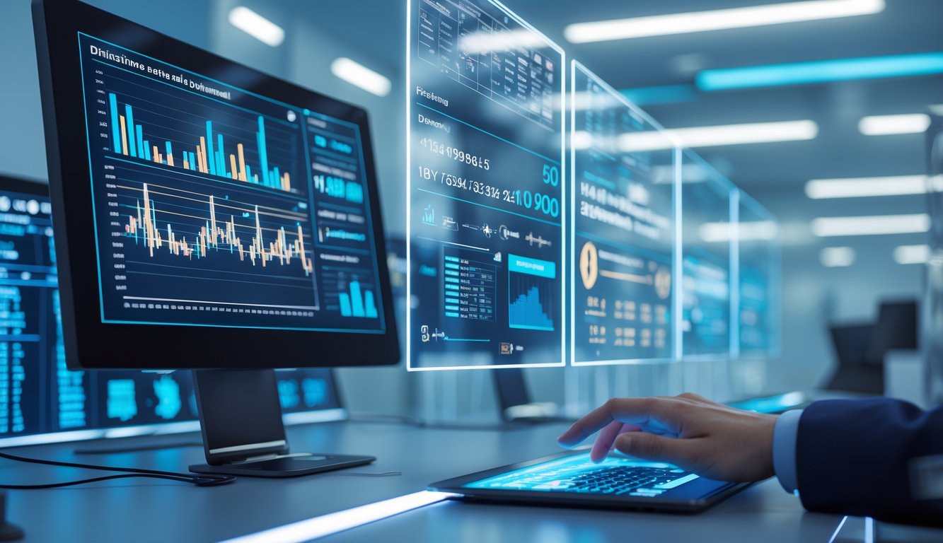 Seseorang menggunakan layar sentuh dengan tampilan grafik dan angka dalam suasana kantor modern yang futuristik.