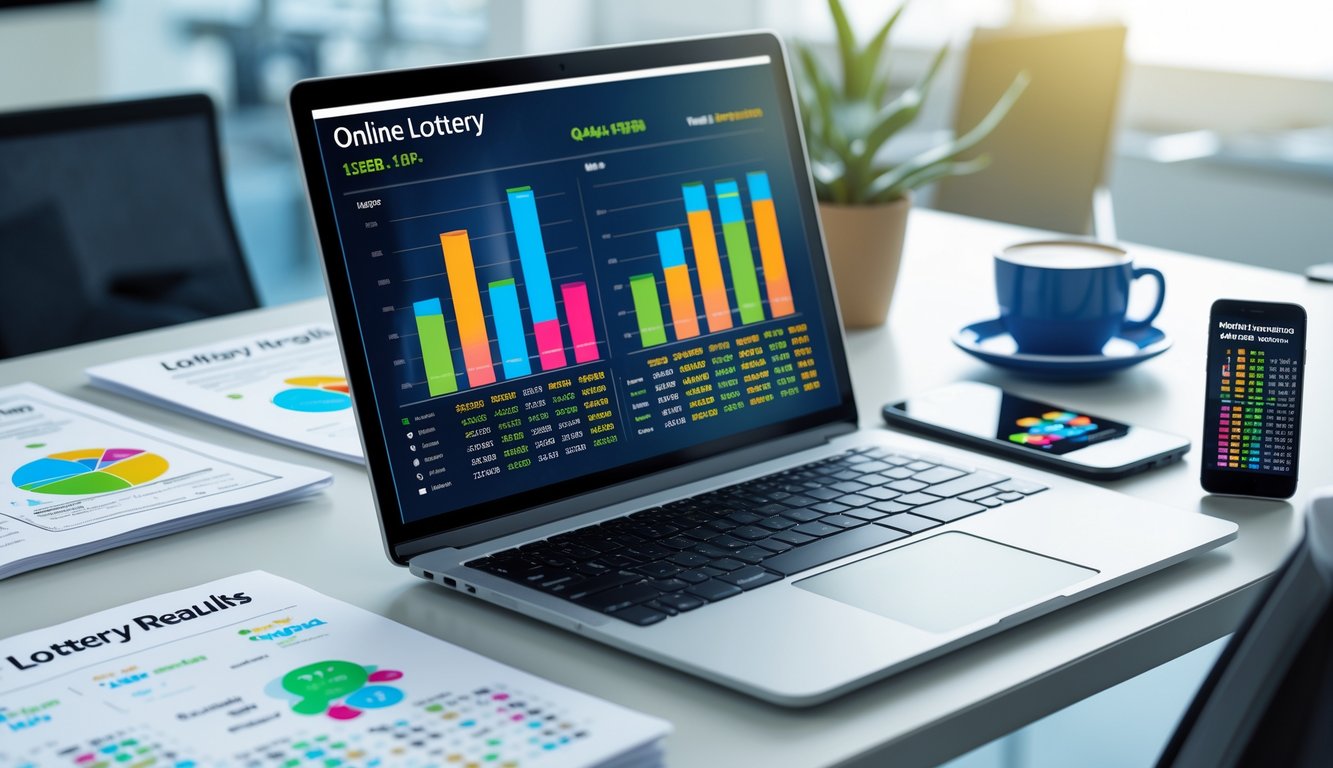 Meja kerja dengan laptop menampilkan grafik dan data, ponsel, dokumen, dan cangkir kopi di kantor yang terang.