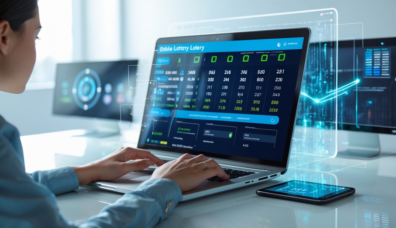 Seseorang menggunakan laptop di meja kerja modern dengan tampilan antarmuka undian digital dan grafik di layar.