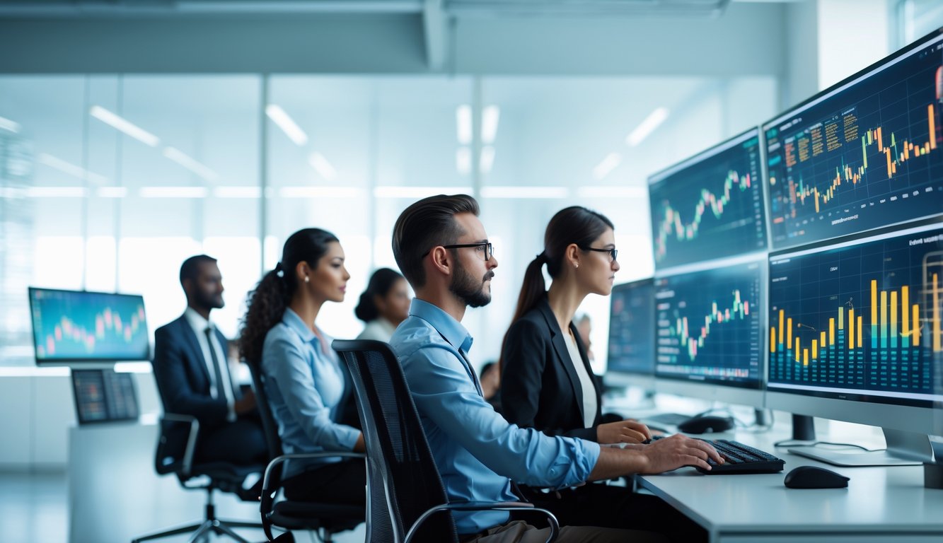 Sekelompok profesional sedang memantau data pasar secara real-time di kantor modern dengan beberapa layar komputer besar.