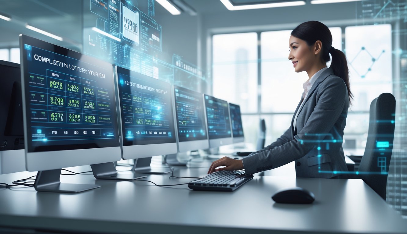 Seseorang menggunakan komputer dengan beberapa layar menampilkan data dan angka lotre di sebuah kantor modern yang terang dan rapi.