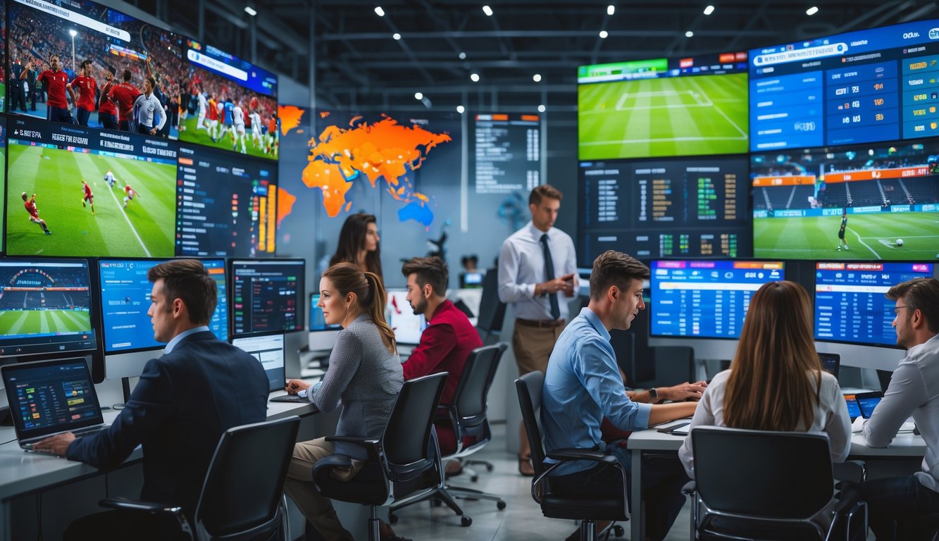 Orang-orang menggunakan komputer dan ponsel untuk memasang taruhan pada berbagai pertandingan olahraga internasional.