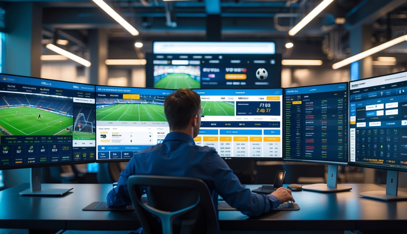 Seseorang sedang menggunakan komputer dengan beberapa layar menampilkan pertandingan olahraga dan statistik secara real-time di ruang kerja modern.