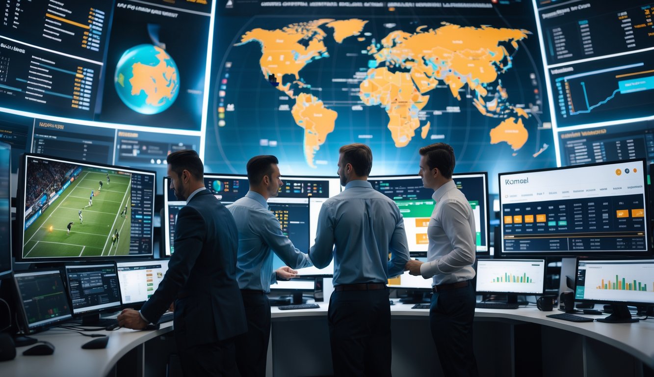 Orang-orang di ruang kerja modern memantau acara olahraga global di beberapa layar komputer.