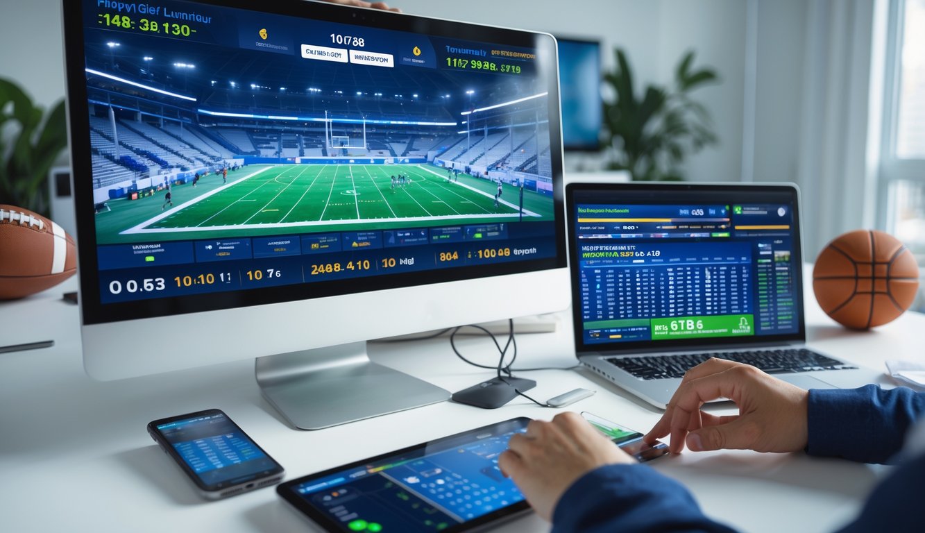 Sebuah ruang kerja modern dengan beberapa perangkat menampilkan skor olahraga langsung yang diperbarui.