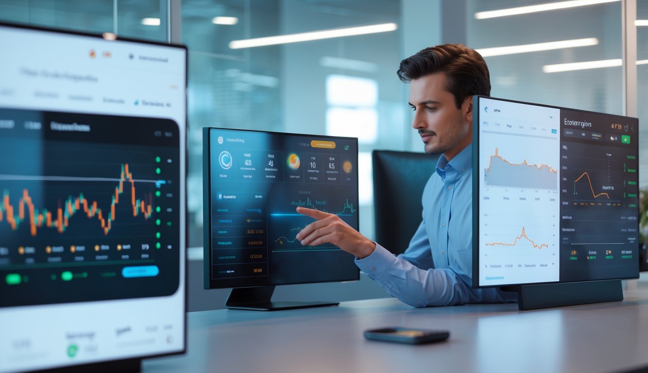Seseorang menggunakan platform taruhan online di layar komputer di kantor modern dengan tampilan grafik dan skor langsung.