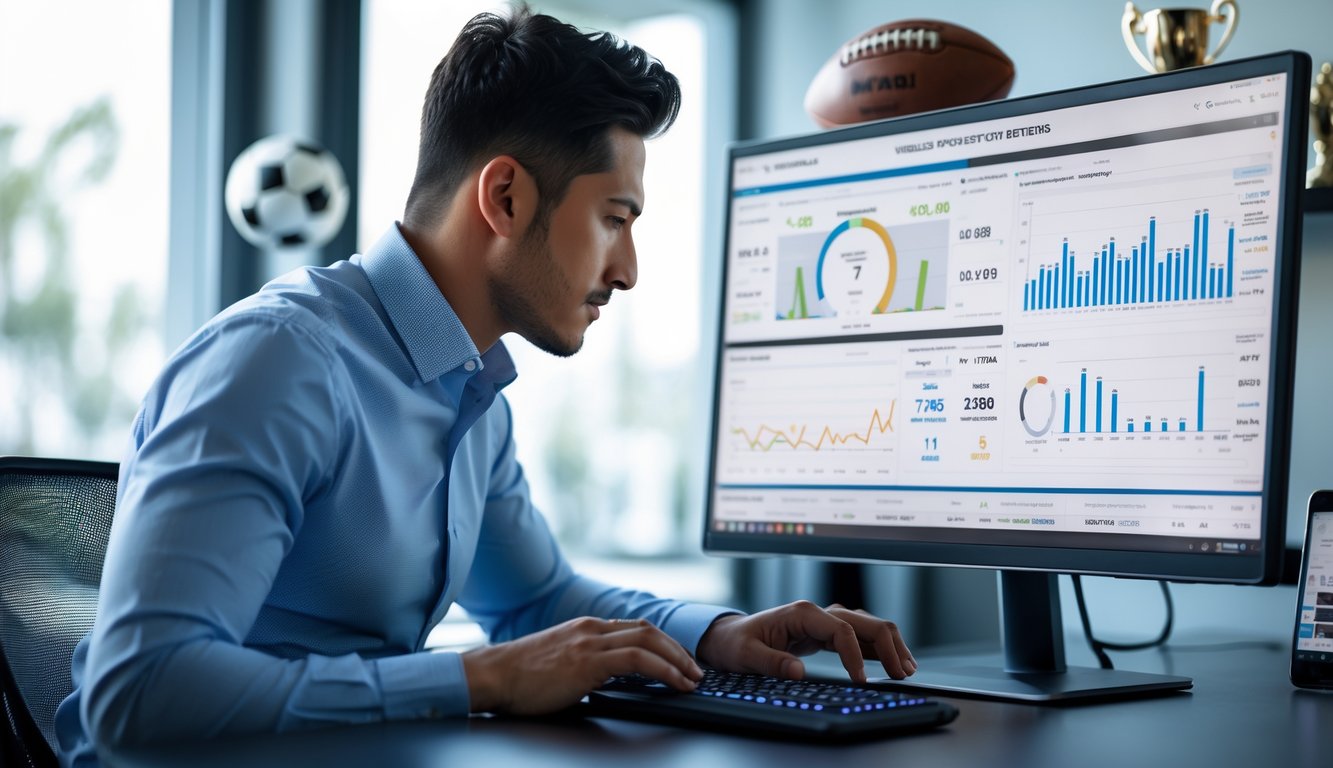 Seorang analis olahraga sedang memeriksa data pertandingan di komputer di ruang kerja modern.