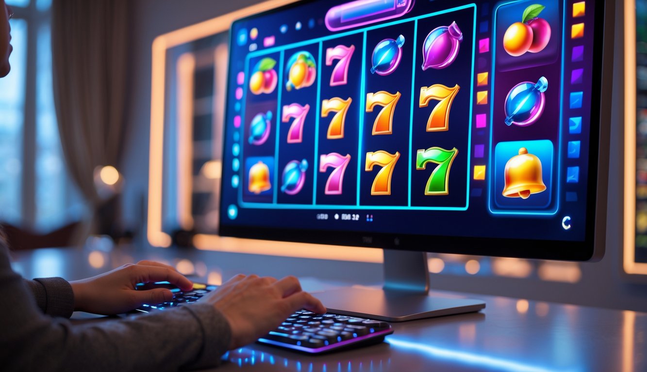 Layar komputer menampilkan permainan slot online dengan simbol berwarna cerah, tangan seseorang sedang berinteraksi dengan layar di ruangan yang terang dan modern.