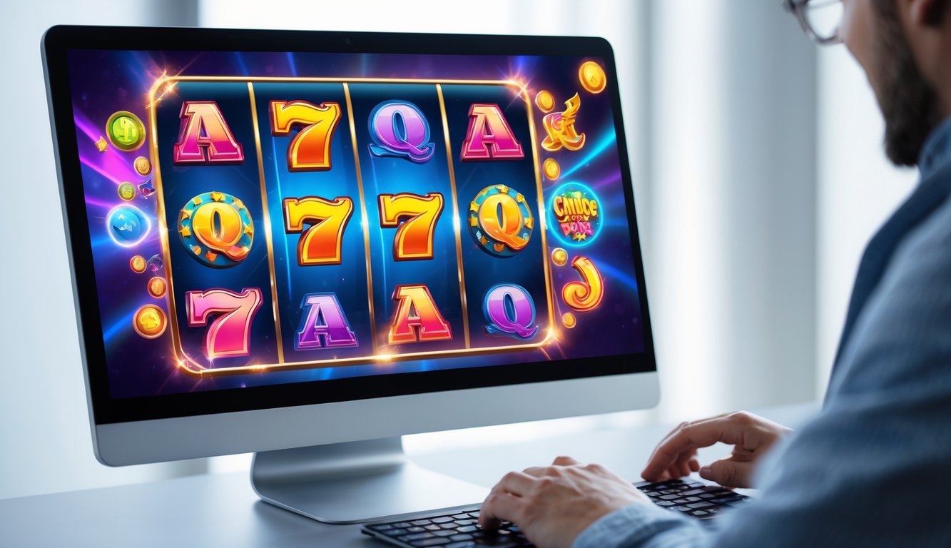 Layar komputer menampilkan permainan slot online dengan gulungan berwarna-warni yang sedang berputar, suasana menarik dan interaktif.
