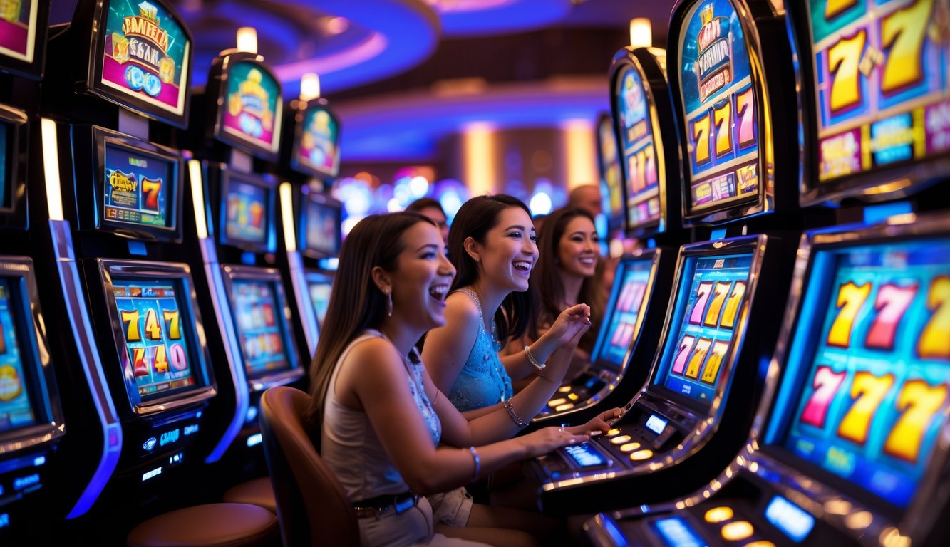 Orang-orang menikmati bermain mesin slot di dalam kasino yang modern dan ramai.